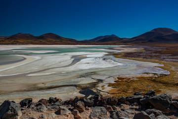 Salt lake under clear blue sky, Atacama