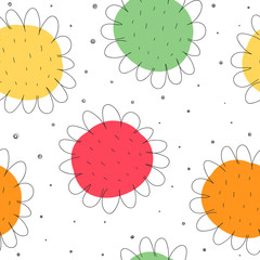 Seamless pattern with cartoon flowers, decor elements. Flat colorful vector. plant texture. Hand drawing isolated. floral ornament. design for fabric, print, textile, wrapper