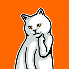 Cute White Cat Kitten Make A Middle Finger Symbol - Vector