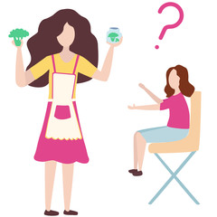 mother is holding broccoli and a jar of mashed broccoli.