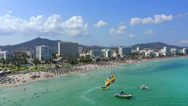 Aerial view, helicopter flight over the bay of Cala Millor and Cala Bona, Manacor region, Mallorca, Ballearen, Spain