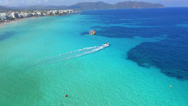 Aerial view, helicopter flight over the bay of Cala Millor and Cala Bona, Manacor region, Mallorca, Ballearen, Spain
