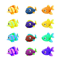 vector set of cute pet shop, fish, tropical fish, aquarium fish, clown fish, sardines, goldfish, sailboat