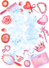 Watercolor vertical frame composition with little princess accessories on blue splattered background