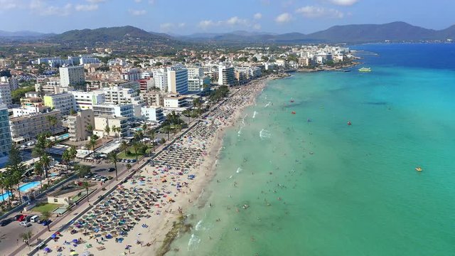Aerial view, helicopter flight over the bay of Cala Millor and Cala Bona, Manacor region, Mallorca, Ballearen, Spain