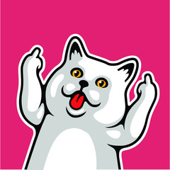 Funny White Cat Sticks Tongue Out, Show Middle Finger Vector Illustration - Vector