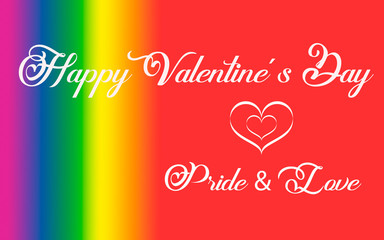 Text Happy valentine´s day and Pride & Love in white letters next to a white heart with the rainbow colors of the LGBTI flag