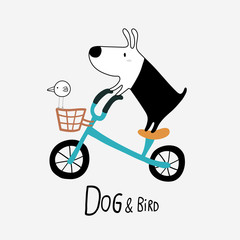 dog, bird, vector, illustration, bike, bicycle, cyclist, riding, character, healthy, ride, basket, blue,  sport, design, decoration, decorative, friendship, friends, logo, icon, partners, pet, symbol,