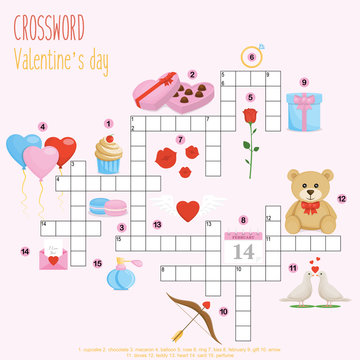 Easy crossword puzzle 'Valentine's day', for children in elementary and middle school. Fun way to practice language comprehension and expand vocabulary.Includes answers. Vector illustration.