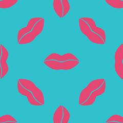 Seamless pattern with female lips. Print for paper wrapping, textile, fabric, cosmetic background. Vector illustration on blue background