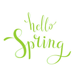 Card lettering, hello spring, green, flat. Greeting inscription for season of year, happiness, renewal, growth, energy.