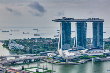 Aerial panoramic picture of Singapore skyline and gardens by the bay during preparation for Formula...