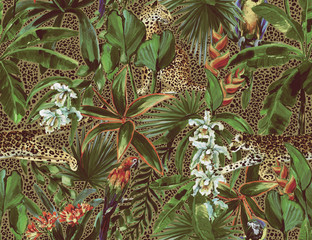 Tropical seamless pattern with tropical flowers, banana leaves and panther, leopard, cougar, wildcat, parrot. Luxury background