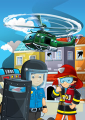 Obraz na płótnie Canvas cartoon scene with police car vehicle on the road and military helicopter flying - illustration