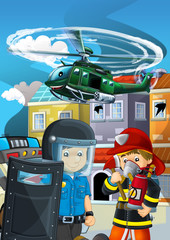cartoon scene with police car vehicle on the road and military helicopter flying - illustration