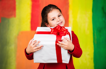 Happy holiday. big christmas sale. kid hold gift box. boxing day concept. dreams come true. happy...