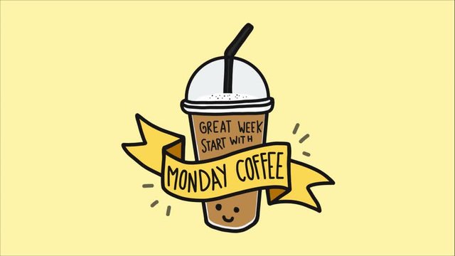 Great week start with Monday coffee word and cute smile coffee cup doodle style