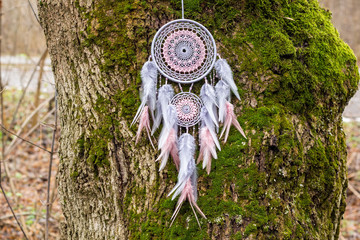 Handmade dream catcher with feathers threads and beads rope hanging