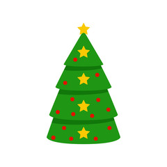 Green christmas tree with festive decorations isolated on a white background. Vector flat illustration for greeting card, poster, invitation, web banner.
