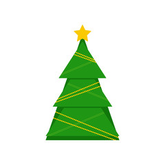 Green christmas tree with festive decorations isolated on a white background. Vector flat illustration for greeting card, poster, invitation, web banner.
