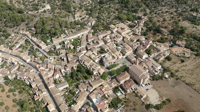 Aerial view, flight over the village of Caimari, Tramuntana Mountains, Campanet Region, Mallorca, Balearic Islands, Spain