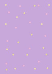 Pastel pink, yellow polka dot seamless pattern on pastel purple background. Round polygon stone texture. Abstract background, greeting cards. Print. Cloth design, wallpaper.