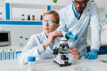 Fototapeta premium multicultural biologists in white coats using microscope in lab