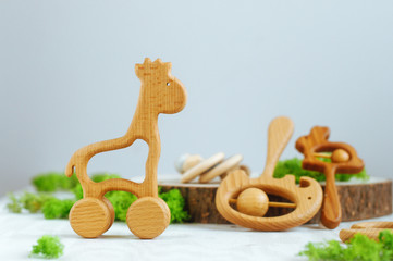 Wooden teether toy giraffe on light background