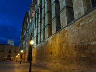 Details der beleuchteten Kathedrale von Palma de Mallorca in der Abenddämmerung