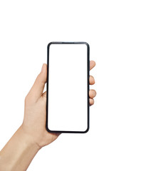 Man hand holding smartphone isolated on white background.