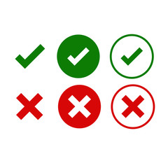 Tick and cross signs. Green checkmark OK and red X icons, isolated on white background. Simple marks graphic design. symbols YES and NO button for vote, decision, web. Vector illustration