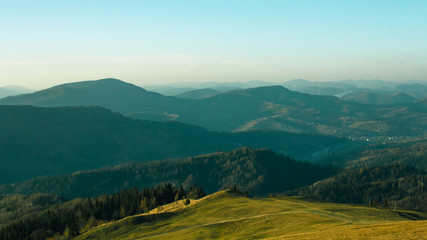 Fototapeta premium Beautiful sunny landscape with mountains and trees. Blue sky, grass and forest. Background or wallpaper.