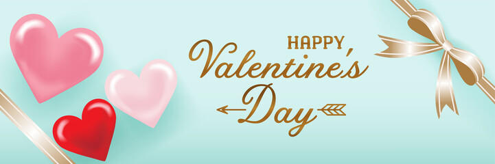 Valentine's day Design template , Three glossy Hearts and ribbon on mint green background banner ratio - Included greeting words
