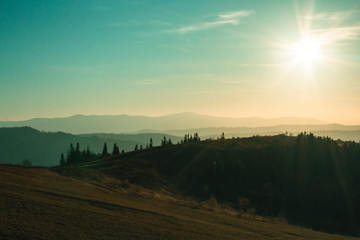 Beautiful sunny landscape with mountains and trees. Blue sky, grass and forest. Background or wallpaper.