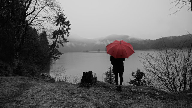Walk around the Eibsea (Eibsee) near Zugspitze (highest mountain in Germany). Rainy weather. Sea surrounded with fir trees, stones and rock fragments. Wanderer with red umbrella. Black and white.