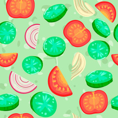 Vegetable salad. Tomatoes, cucumbers and sliced onions. Seamless vector pattern