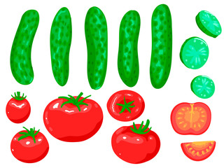 Set of vegetables - tomatoes and cucumbers. Vector isolated objects on white background.
