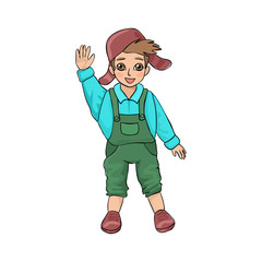 The boy is calling or greeting. Vector character on white background