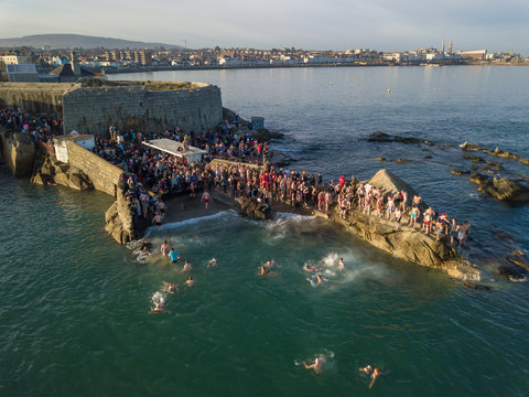 Aerial view of Forty Foot during Christmas traditional swim. Dublin, Ireland. December 25, 2019 