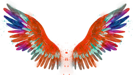 Beautiful magic watercolor phoenix orange wings with blue, purple and green feathers