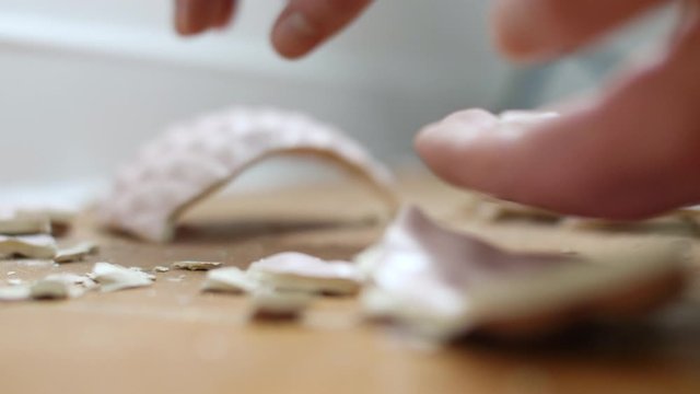 A man collects small pieces of broken vase on the floor. Broken vase on the floor. Cleaning small sharp pieces of broken detail. Close up 4k footage.