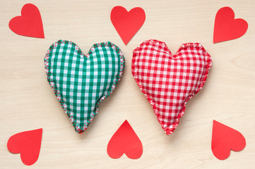 Gingham Love Valentine's hearts. on wooden background
