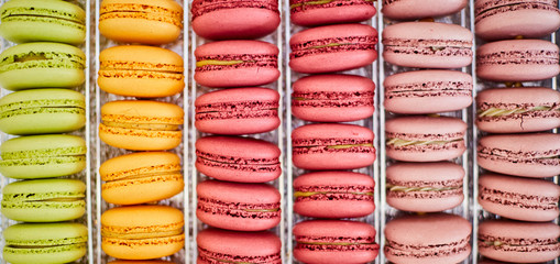 Colorful background of rows of french macaroons. Close up of macaroon cookies