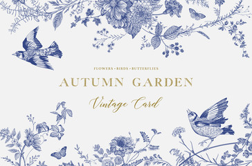 Autumn Garden. Vector horizontal card. Flowers, birds, butterflies. Blue and white. Toile de Jouy - 312044206