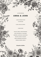 Vintage floral illustration. Wedding invitation. Autumn. Black and white