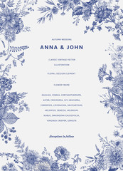 Vintage floral illustration. Wedding invitation. Autumn. Blue and white - 312044239