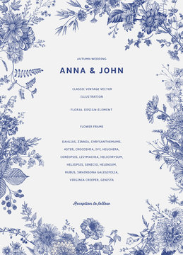 Vintage floral illustration. Wedding invitation. Autumn. Blue and white