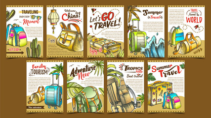 Tropic Summer Travel Collection Posters Set Vector. Assortment Of Different Creative Adventure Travel Banners With Luggage Bags, Plant Leaves And Accessories. In Vintage Style Color Illustrations