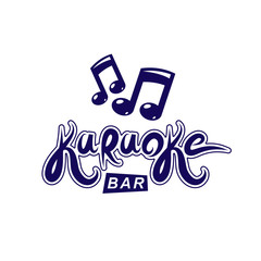Karaoke bar writing, vector emblem created using musical notes and other design elements. Leisure and relaxation lifestyle presentation