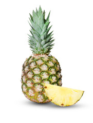 Whole and a slice of fresh ripe pineapple isolated on white. Clipping path. An element of your design.